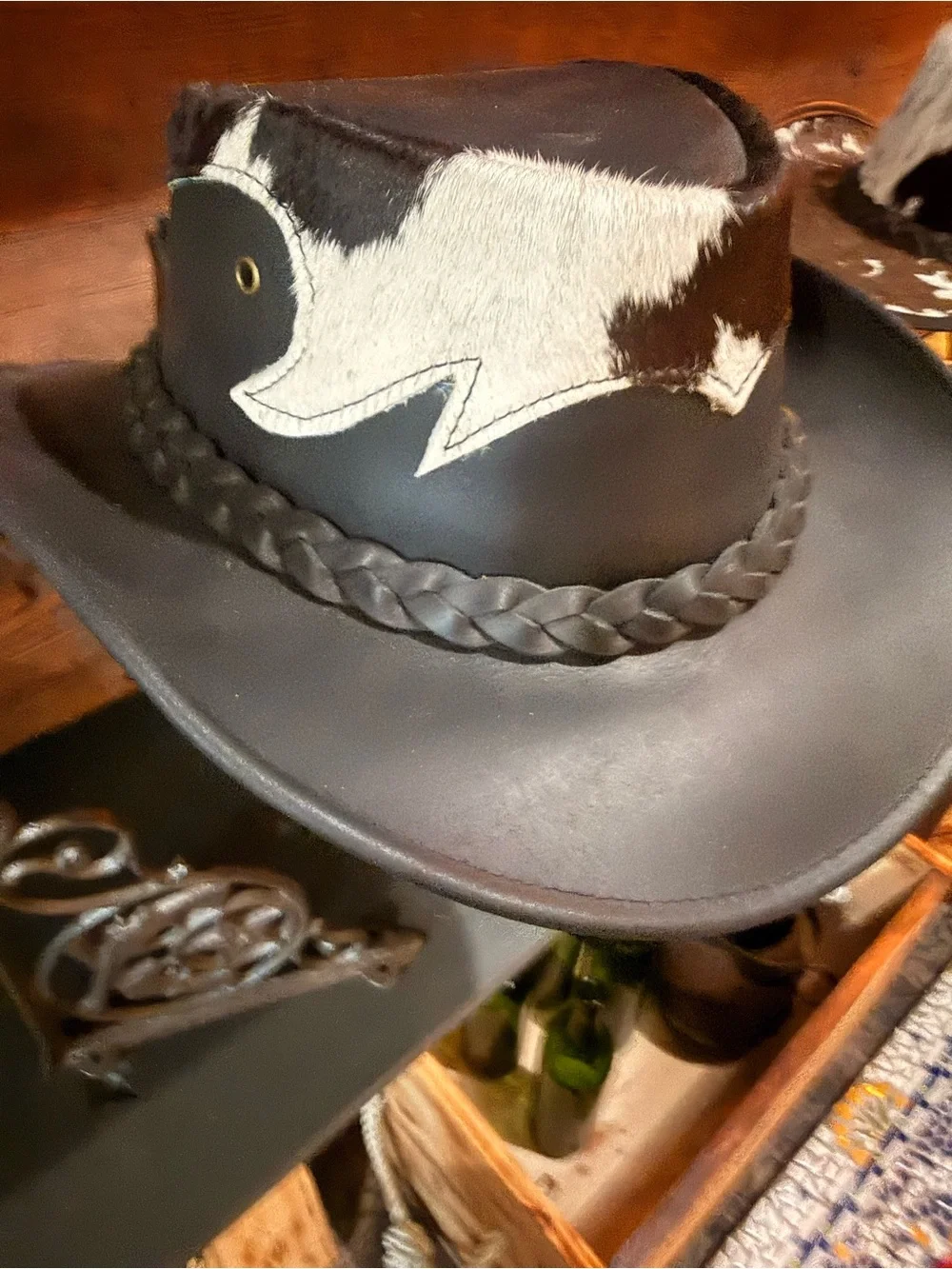 Medium & Black Leather Western Hat with Brown and Cream Hair-On Hide Trim